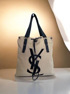 Yves Saint Laurent YSL Kahala Rive Gauche Canvas Leather Tote Bag